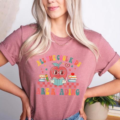 All The Cool Kids Are Reading Book Reading Teacher School Women's Heather T-Shirt - teacherstshirts.com