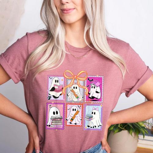 Coquette Bow Spooky Teacher Ghost Halloween Trick Or Teach Women's Heather T-Shirt - teacherstshirts.com CA