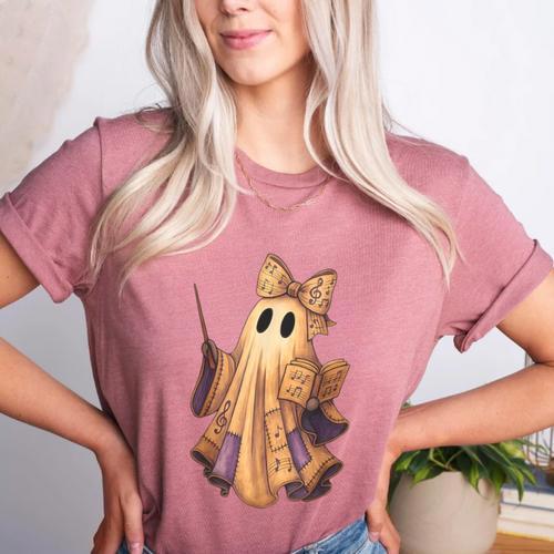 Coquette Music Note Patchwork Ghost Music Teacher Halloween Women's Heather T-Shirt - teacherstshirts.com DE