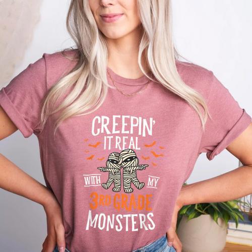 Creepin It Real With My 3rd Grade Monsters Halloween Teacher Women's Heather T-Shirt - teacherstshirts.com