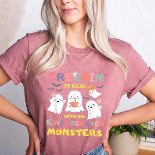 Creepin It Real With Kindergarten Monsters Halloween Teacher Women's Heather T-Shirt - teacherstshirts.com