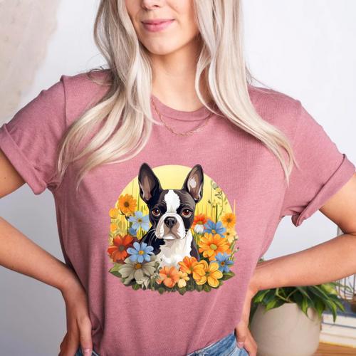 Cute Boston Terrier Spring Flower Garden Colorful Puppy Dog Women's Heather T-Shirt - Bostonterriersmerch.com
