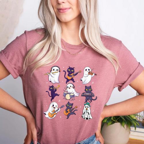 Cute Ghost Cat Playing Musical Halloween Music Teacher Women's Heather T-Shirt - teacherstshirts.com UK