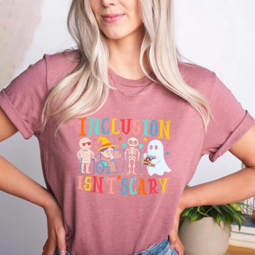 Cute Inclusion Isn't Scary Teacher Skeleton Ghost Halloween Women's Heather T-Shirt - teacherstshirts.com