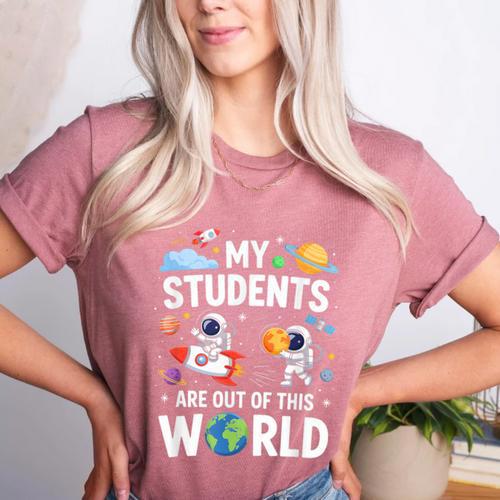 Cute School Teacher My Students Are Out Of This World Space Women's Heather T-Shirt - teacherstshirts.com DE