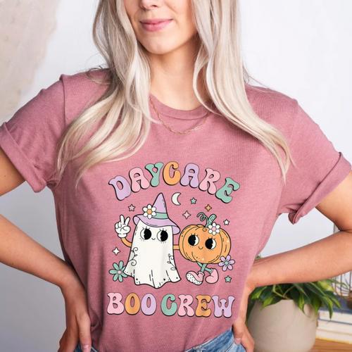 Daycare Boo Crew Groovy Halloween Floral Ghost Kid Teacher Women's Heather T-Shirt - teacherstshirts.com DE
