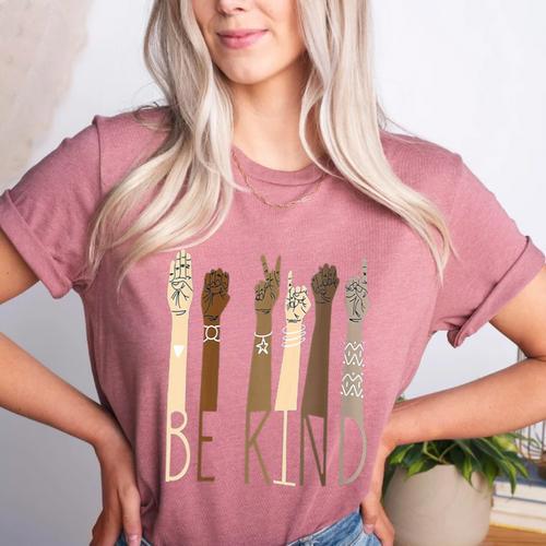 Deaf Be Kind Sign Language Hand Talking Teachers Interpreter Women's Heather T-Shirt - teacherstshirts.com UK