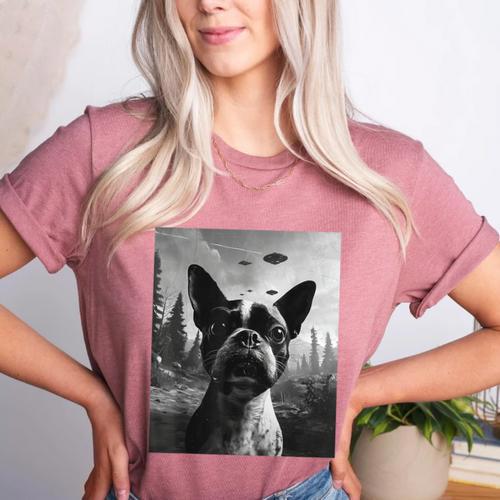 Dog Mom Dad Alien Selfie Boston Terrier UFO For Men Women Women's Heather T-Shirt - Bostonterriersmerch.com