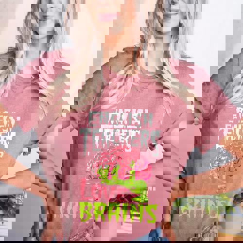 English Teachers Love Brains Zombie Teacher School Halloween Women&#x27;s Heather T-Shirt - teacherstshirts.com