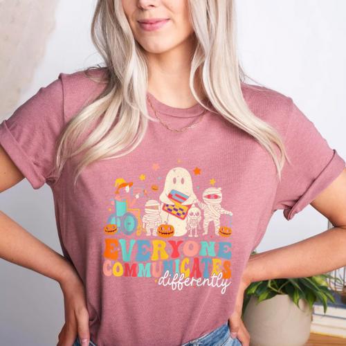 Everyone Communicates Differently Halloween SLP Sped Teacher Women's Heather T-Shirt - teacherstshirts.com CA