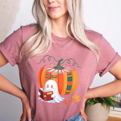 Fall Book Pumpkin Ghost Reading Books Halloween Teacher Women's Heather T-Shirt - teacherstshirts.com AU