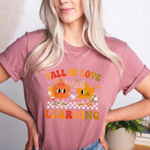 Fall In Love With Learning Autumn Pumpkin Fall Teacher Kids Women's Heather T-Shirt - teacherstshirts.com CA