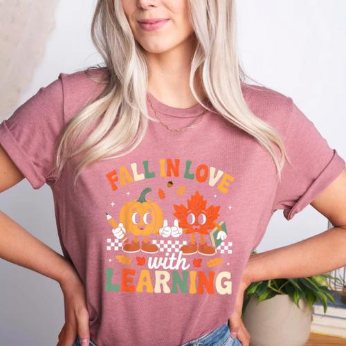 Fall In Love With Learning Shirt Autumn Thanksgiving Teacher Women's Heather T-Shirt - teacherstshirts.com