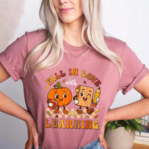 Fall In Love With Reading Book Autumn Pumpkins And Teachers Women's Heather T-Shirt - teacherstshirts.com CA