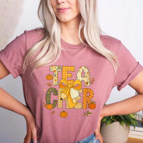 Fall Teacher Pumpkin Coquette Bow Autumn Classroom Women's Heather T-Shirt - teacherstshirts.com AU