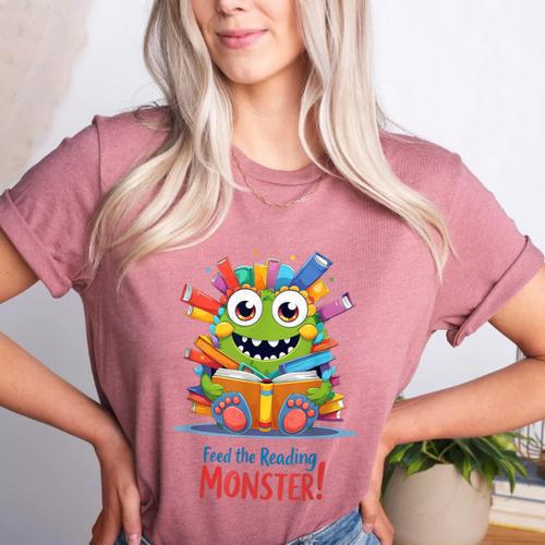 Feed The Reading Monster Halloween Teacher Women's Heather T-Shirt - teacherstshirts.com