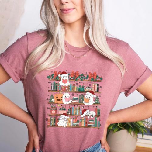 Ghost Christmas Reading Book Lover Library Christmas Teacher Women's Heather T-Shirt - teacherstshirts.com CA
