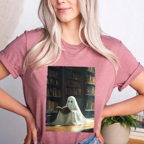 Ghost Library Halloween Book Reading Books Lover Teacher Women's Heather T-Shirt - teacherstshirts.com AU