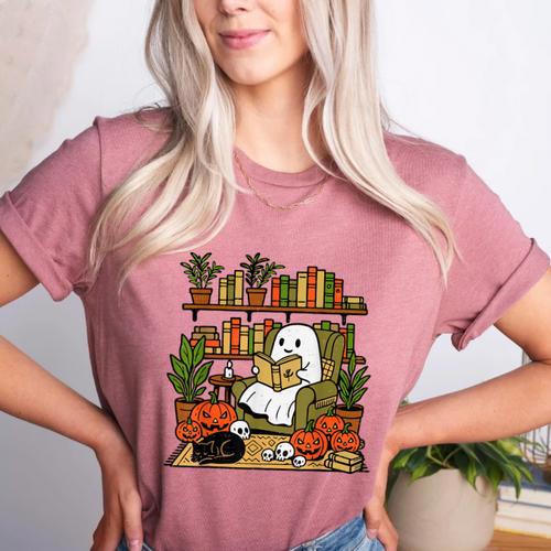 Ghost Library Reading Books Halloween Librarian Teacher Women's Heather T-Shirt - teacherstshirts.com UK