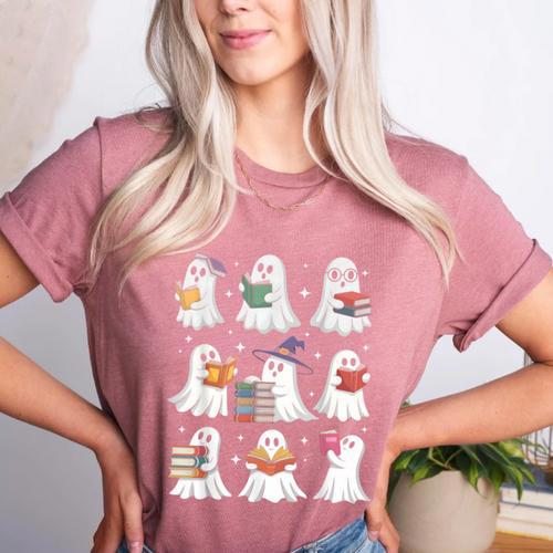 Ghost Reading Teacher Halloween Costume Librarian Book Lover Women's Heather T-Shirt - teacherstshirts.com