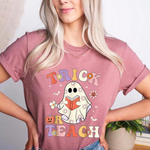 Groovy Halloween Trick Or Teach Retro Floral Ghost Teacher Women's Heather T-Shirt - teacherstshirts.com AU