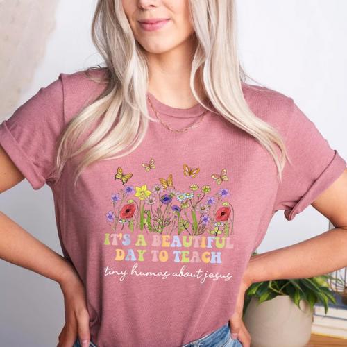 Groovy I Teach Tiny Humans About Jesus Christian Teacher Women's Heather T-Shirt - teacherstshirts.com UK