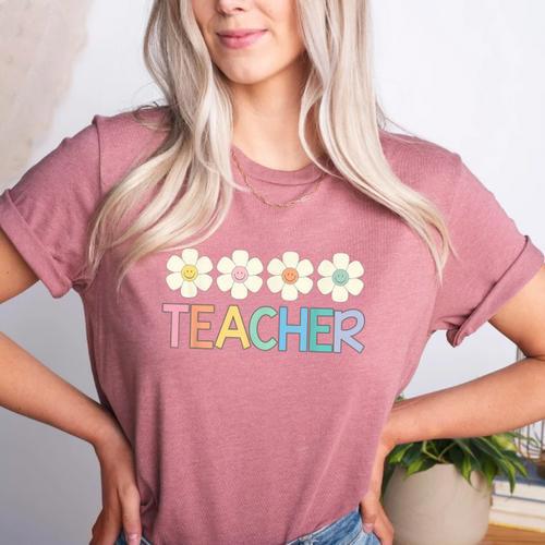 Groovy Teacher Cute Daisy Flower Retro Back To School Women's Heather T-Shirt - teacherstshirts.com CA