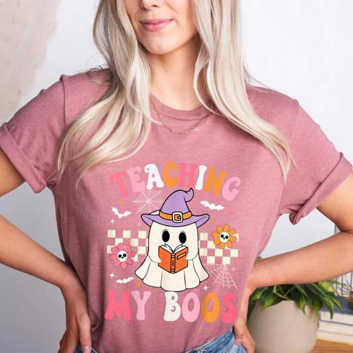 Groovy Teaching My Boos Teacher Ghost Halloween Teacher Women's Heather T-Shirt - teacherstshirts.com UK
