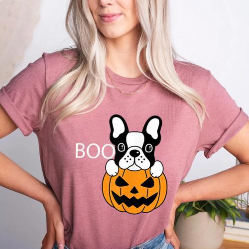 The Halloween Boston Terrier Women's Heather T-Shirt - Bostonterriersmerch.com
