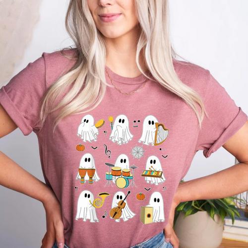 Halloween Ghost Music Teacher Playing Instruments Women's Heather T-Shirt - teacherstshirts.com UK