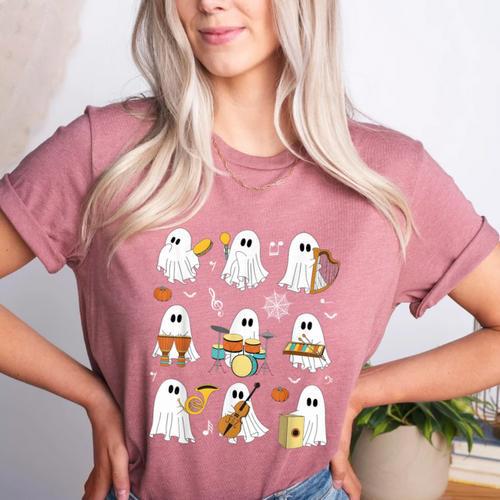 Halloween Ghost Playing Musical Instruments Music Teacher Women's Heather T-Shirt - teacherstshirts.com UK
