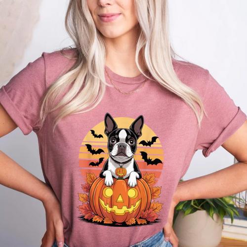 Halloween Retro Boston Terrier Women's Heather T-Shirt - Bostonterriersmerch.com