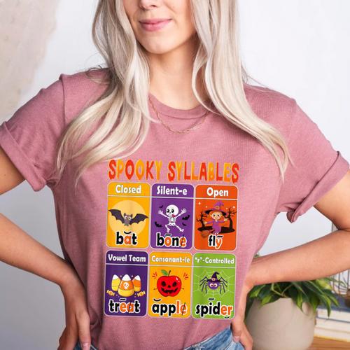 Halloween Spooky Syllable Types Teacher Educational Women's Heather T-Shirt - teacherstshirts.com AU