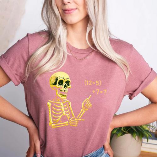 Halloween Teacher Six Seven 6 7 Skeleton Spooky Costume Women's Heather T-Shirt - teacherstshirts.com