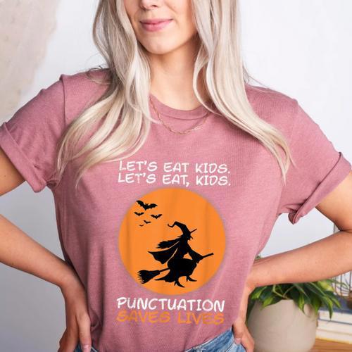 Halloween Teacher Witch Lets Eat Kids Punctuation Women's Heather T-Shirt - teacherstshirts.com AU