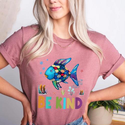 Happy First Day Of School Fish Rainbows Teacher Be Kind Women's Heather T-Shirt - teacherstshirts.com