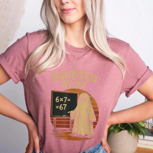 Haunted By 67 Ghost Math Joke Student Halloween Nerd Teacher Women's Heather T-Shirt - teacherstshirts.com