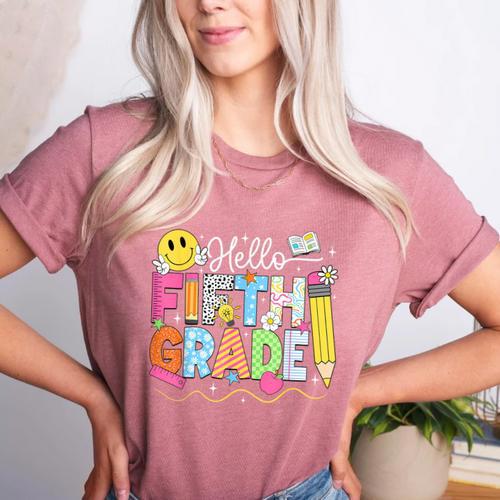 Hello Fifth Grade Team 5th Grade Back To School Teacher Kids Women's Heather T-Shirt - teacherstshirts.com AU
