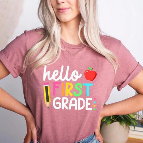 Hello First Grade Team 1st Grade Back To School Teacher Kids Women's Heather T-Shirt - teacherstshirts.com AU
