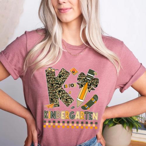 K Is For Kindergarten Teacher Coquette Bow Camo Women's Heather T-Shirt - teacherstshirts.com DE