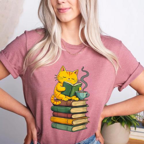 Kawaii Cats Lover Coffee Books Teacher Librarian Cat Women's Heather T-Shirt - teacherstshirts.com