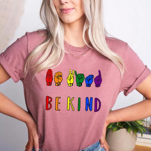 Be Kind Pride Sign Language Rainbow Teachers Interpreter ASL Women's Heather T-Shirt - teacherstshirts.com AU