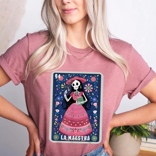 La Maestra Halloween Mexican Bingo Card Teacher Lottery Card Women's Heather T-Shirt - teacherstshirts.com UK