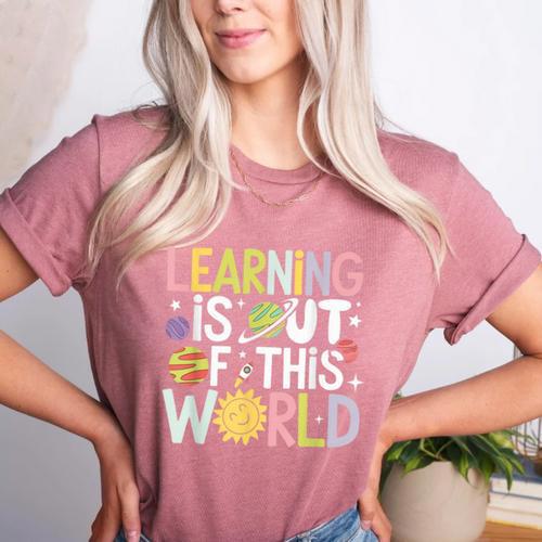Learning Is Out Of This World Space Teacher Cute Groovy Women's Heather T-Shirt - teacherstshirts.com AU
