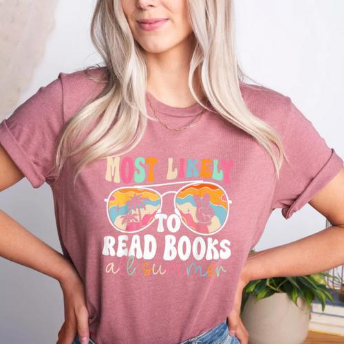 Most Likely To Read Books All Summer Teacher Student Women's Heather T-Shirt - teacherstshirts.com