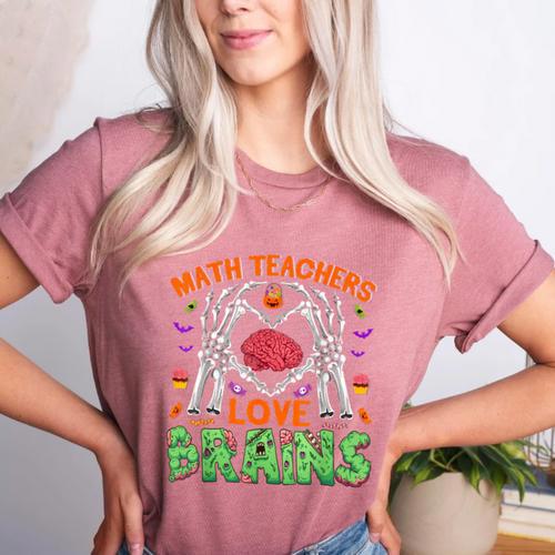 Math Teacher Love Brain Heart Skeleton Hand Zombie Halloween Women's Heather T-Shirt - teacherstshirts.com DE