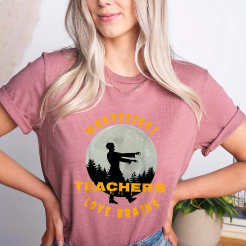 Montessori Teachers Love Brains Halloween Novelty Men Women Women's Heather T-Shirt - teacherstshirts.com