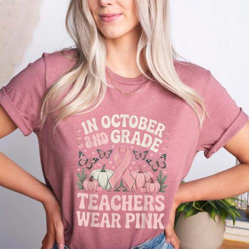 In October 2nd Grade Teachers Wear Pink Ribbon Breast Cancer Women's Heather T-Shirt - teacherstshirts.com UK