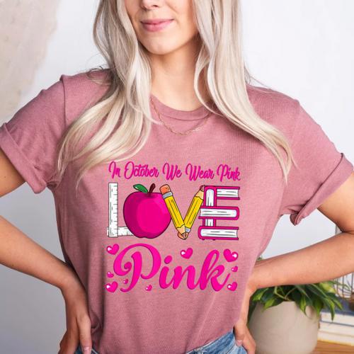 In October We Wear Pink Love Teacher Breast Cancer Awareness Women's Heather T-Shirt - teacherstshirts.com DE