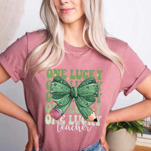 One Lucky Teacher Coquette Bow St Patricks Day Teacher Women's Heather T-Shirt - teacherstshirts.com DE